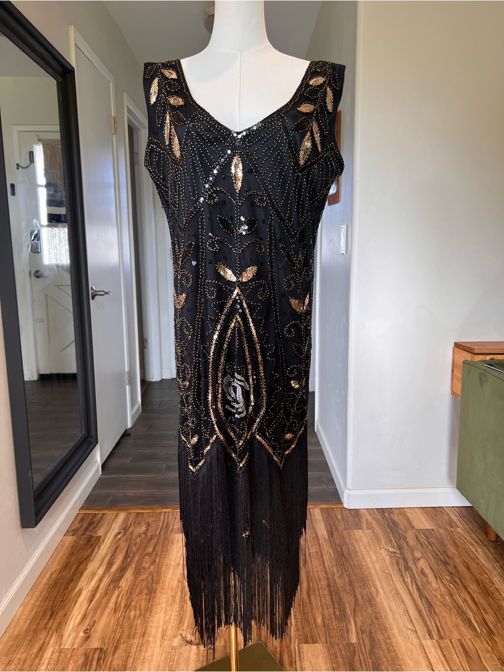 Daisy Flapper Style Black Midi Dress with Beaded Embellishment
